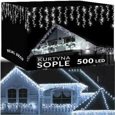 KURTYNA SOPLE 500 LED LAMPKI ŚWIĄTECZNE ZEWNĘTRZNE IP44 STAŁE + FLASH BIAŁE