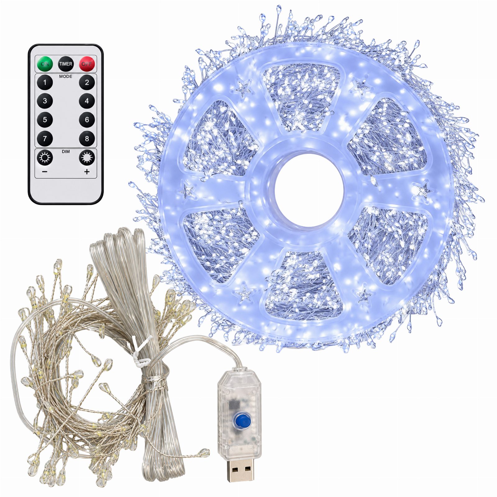 Girlanda Łańcuch Świetlny 200 LED 6m Biała Zimna 8 Funkcji Pilot Druciki USB