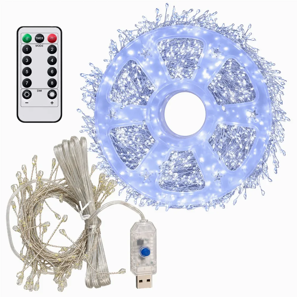 Girlanda Łańcuch Świetlny 200 LED 6m Biała Zimna 8 Funkcji Pilot Druciki USB