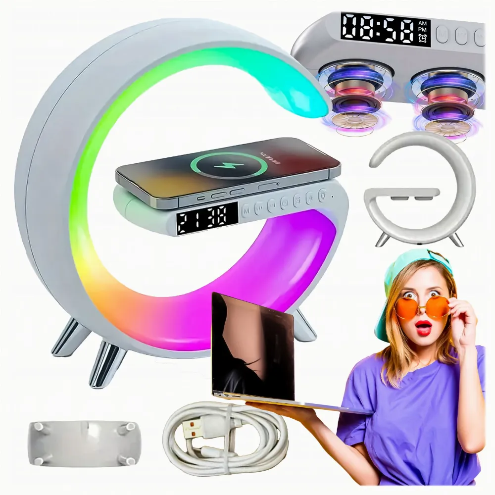 Lampka Nocna Led Sterowana Telefonem Indukcja Qi Głośnik Zegar Budzik RGB