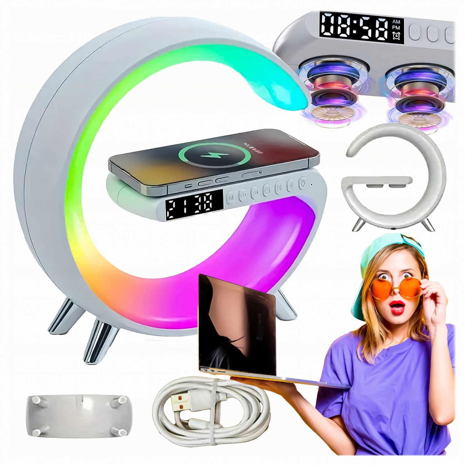 Lampka Nocna Led Sterowana Telefonem Indukcja Qi Głośnik Zegar Budzik RGB