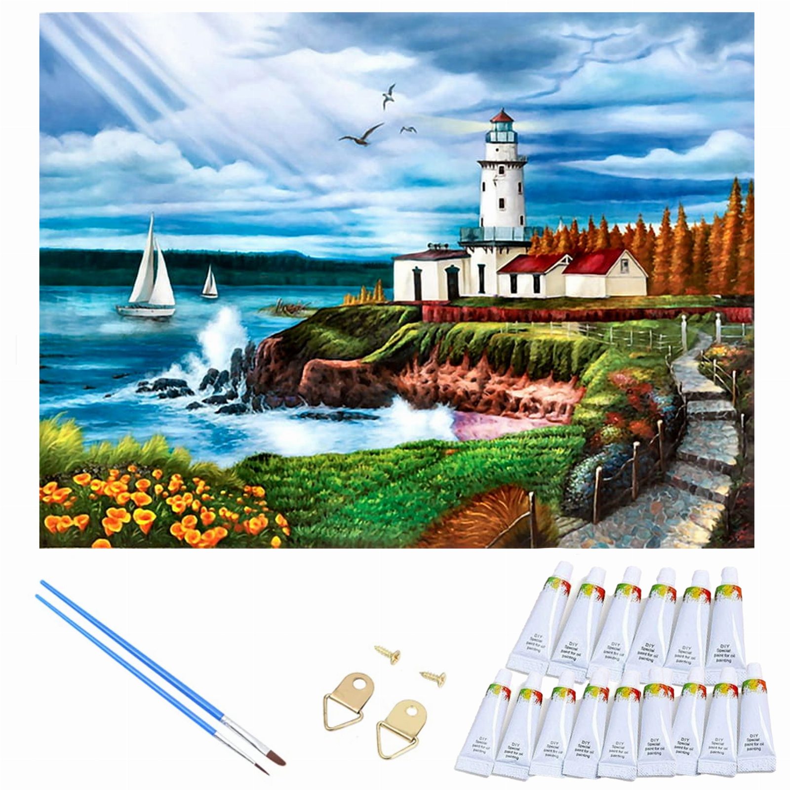 MALOWANIE PO NUMERACH OBRAZ Z RAMĄ  DIY ZESTAW PĘDZLE FARBY PŁÓTNO 30x40