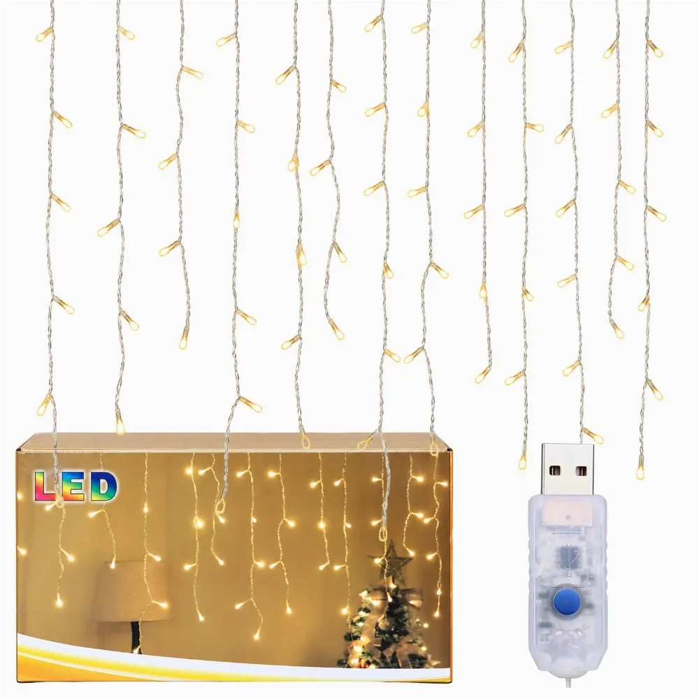 Kurtyna Świetlna Lampki Choinkowe Sople 96 Led Girlanda Biała Ciepła USB 3,5m
