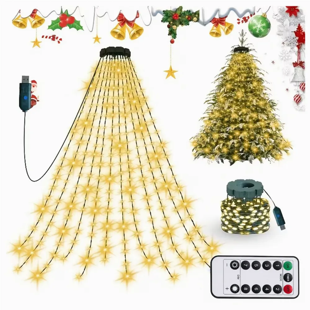 Lampki Choinkowe Kurtyna Świtlna z Pierścieniem 2m 280 Led Białe Ciepłe USB