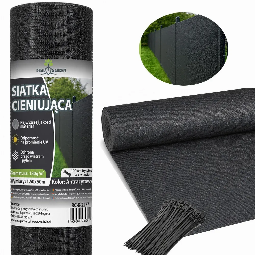 Siatka Cieniująca Maskująca 1,5x50m 95% Osłona na Ogrodzenie 180g + 100 Opasek