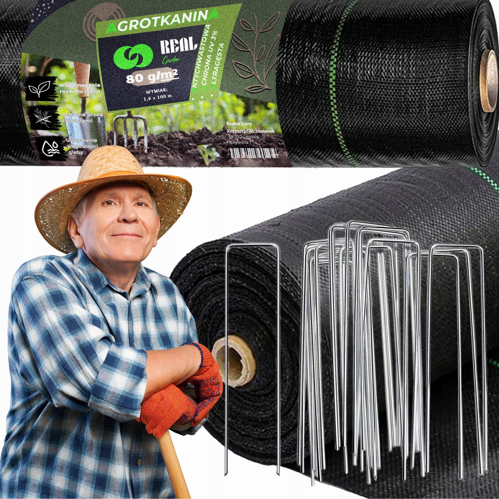 AGROWŁÓKNINA 80G 1,6x100m CZARNA UV AGROTKANINA MATA ANTYCHWASTOWA + KOTWY
