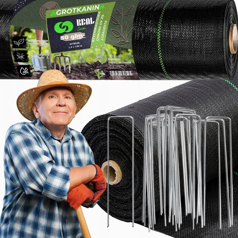 AGROWŁÓKNINA 80G 1,6x100m CZARNA UV AGROTKANINA MATA ANTYCHWASTOWA + KOTWY