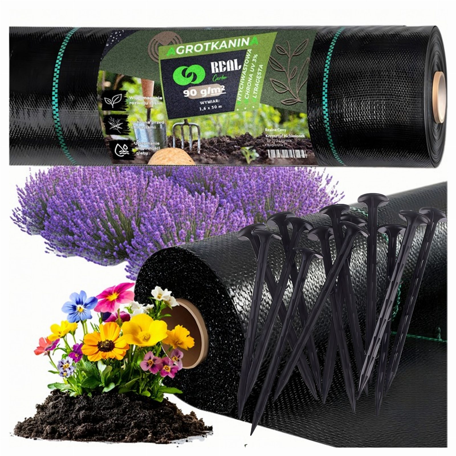 Agrowłóknina 90G 1,1x50m Czarna UV Agrotkanina Mata Antychwastowa + Kotwy