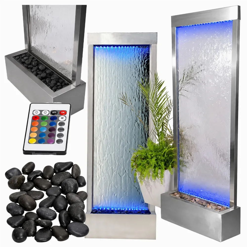 Fontanna Ściana Kaskada Wodna Ogrodowa Podświetlana LED Szklana 150x45cm 