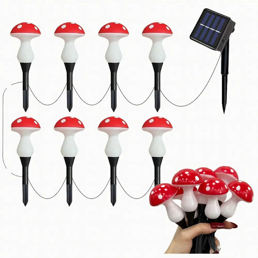 Lampa Lampki Solarne Ogrodowe Wbijane Grzybki Muchomorki Led 5,5m 8 szt