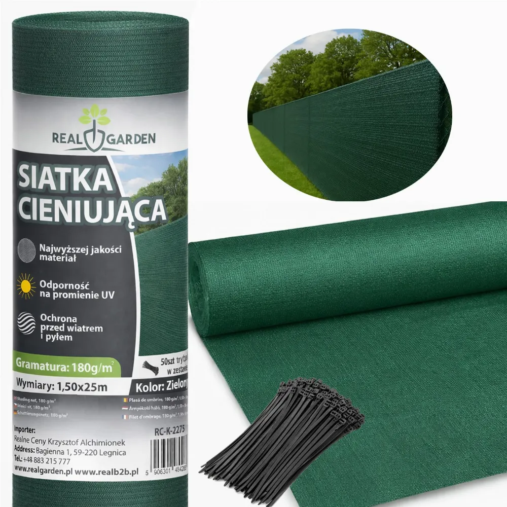 Siatka Cieniująca 1,5x25m Maskująca 95% Osłana na Ogrodzenie Płot 180g  UV + 50 Opasek