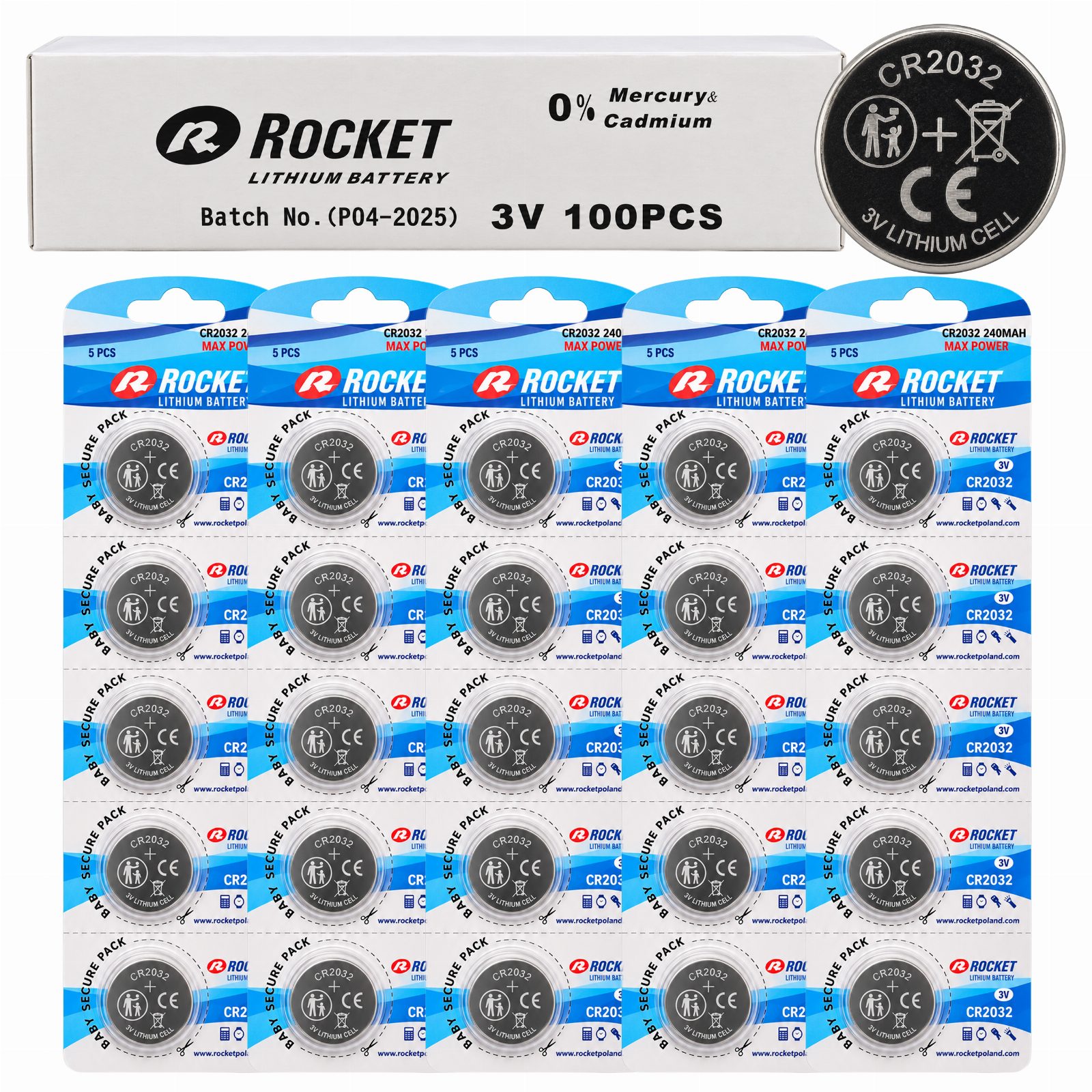 Baterie 20x5 Szt Litowa Rocket CR2032 3V 240mAh Bateria Guzikowa Zestaw 