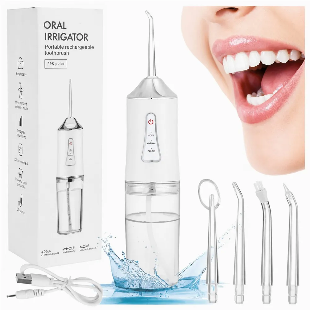 Irygator do Zębów Bezprzewodowy Dentystyczny Mocny 4 Dysze 3 Tryby 230 ml