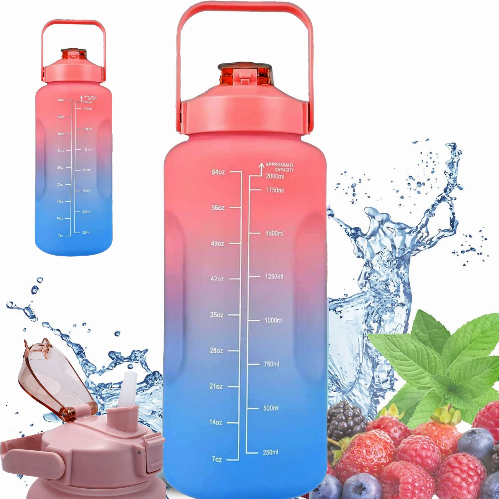 BUTELKA MOTYWACYJNA BIDON NA WODĘ 2000ml 2l ZE SŁOMKĄ Z UCHWYTEM MIARKĄ 
