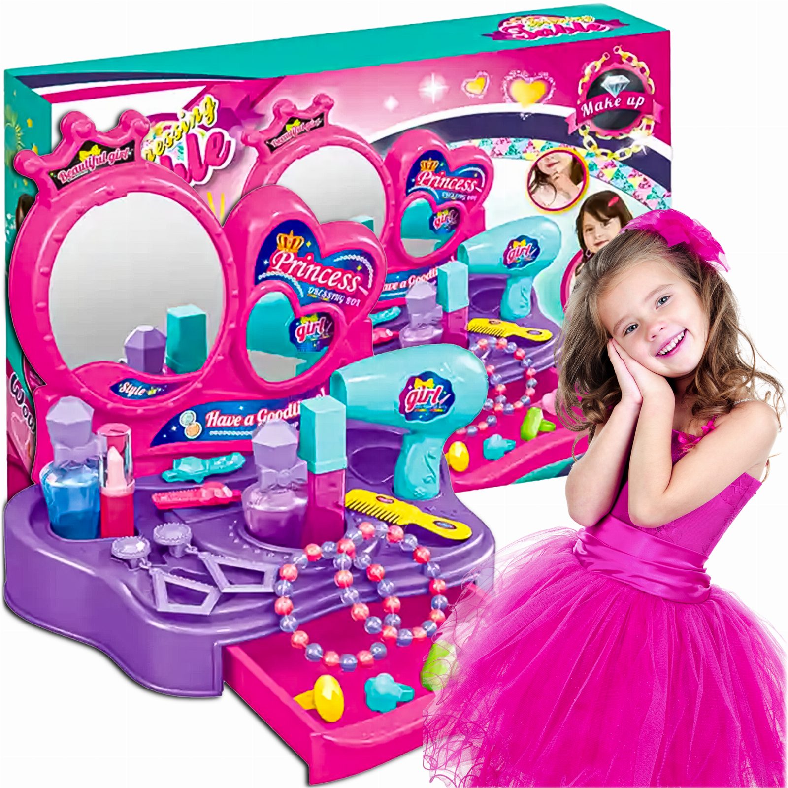 TOALETKA DLA DZIEWCZYNKI RÓŻOWA STUDIO MAKIJAŻU AKCESORIA PRINCESS 