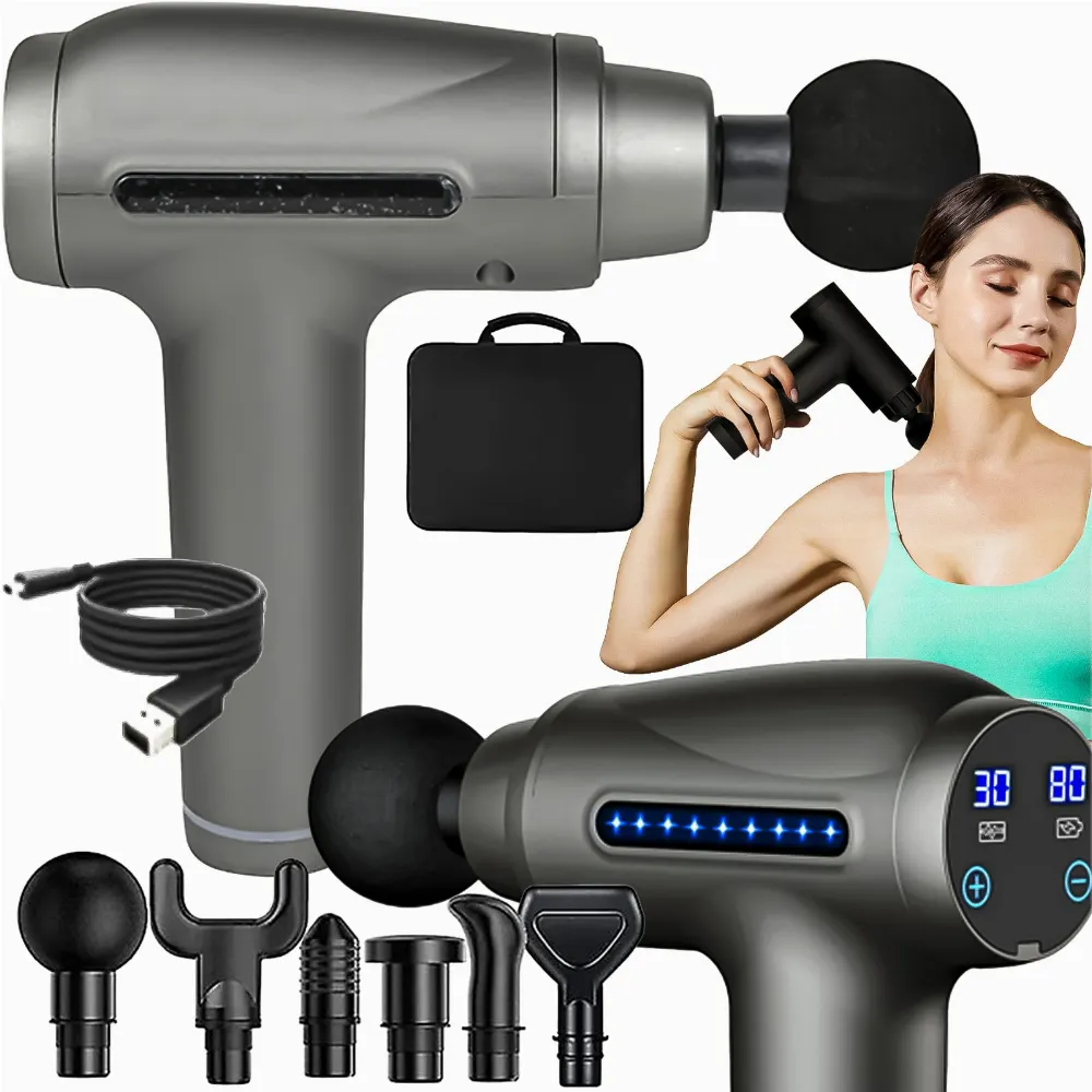 PISTOLET DO MASAŻU MASAŻER DO PLECÓW CIAŁA MASSAGE GUN KOŃCÓWKI  LCD ZESTAW