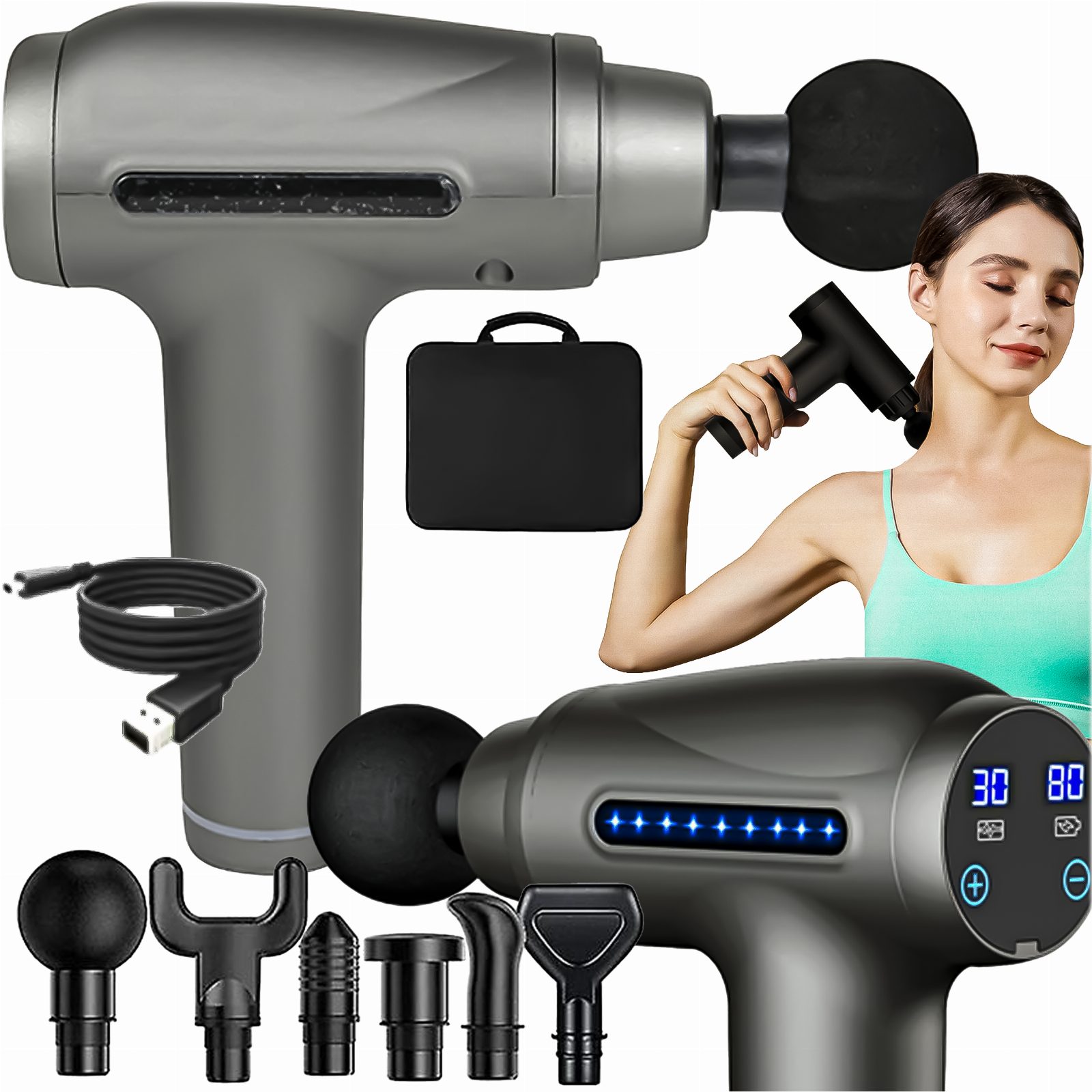 PISTOLET DO MASAŻU MASAŻER DO PLECÓW CIAŁA MASSAGE GUN KOŃCÓWKI  LCD ZESTAW