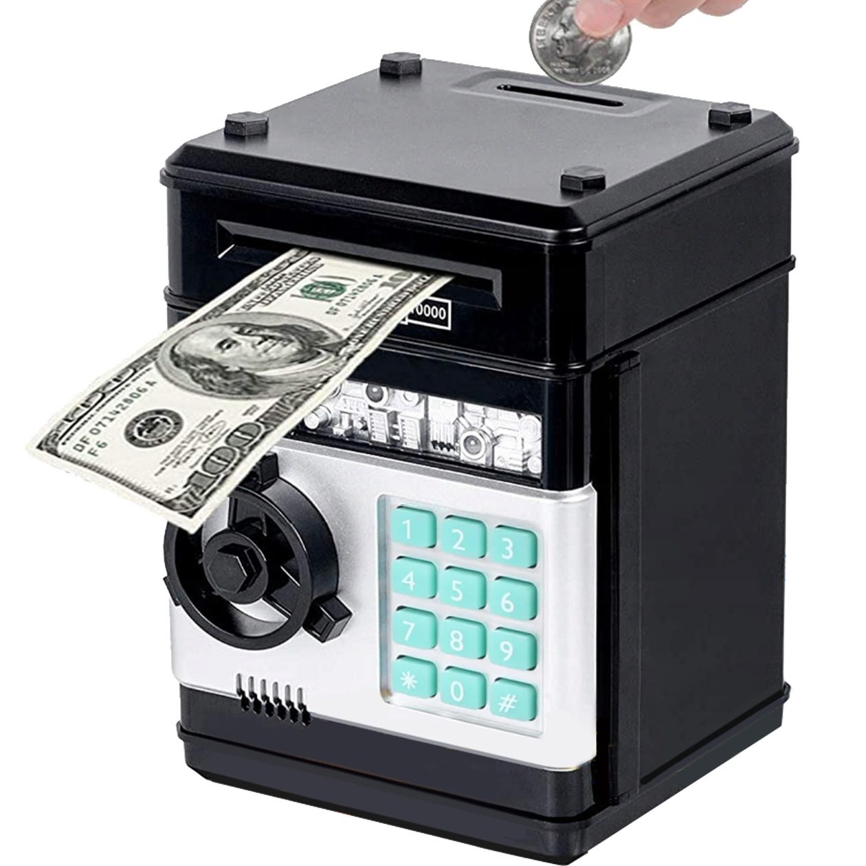 SKARBONKA SEJF BANKOMAT NA MONETY BANKNOTY + PIN KOD HASŁO ŚWIATŁO DŹWIĘK