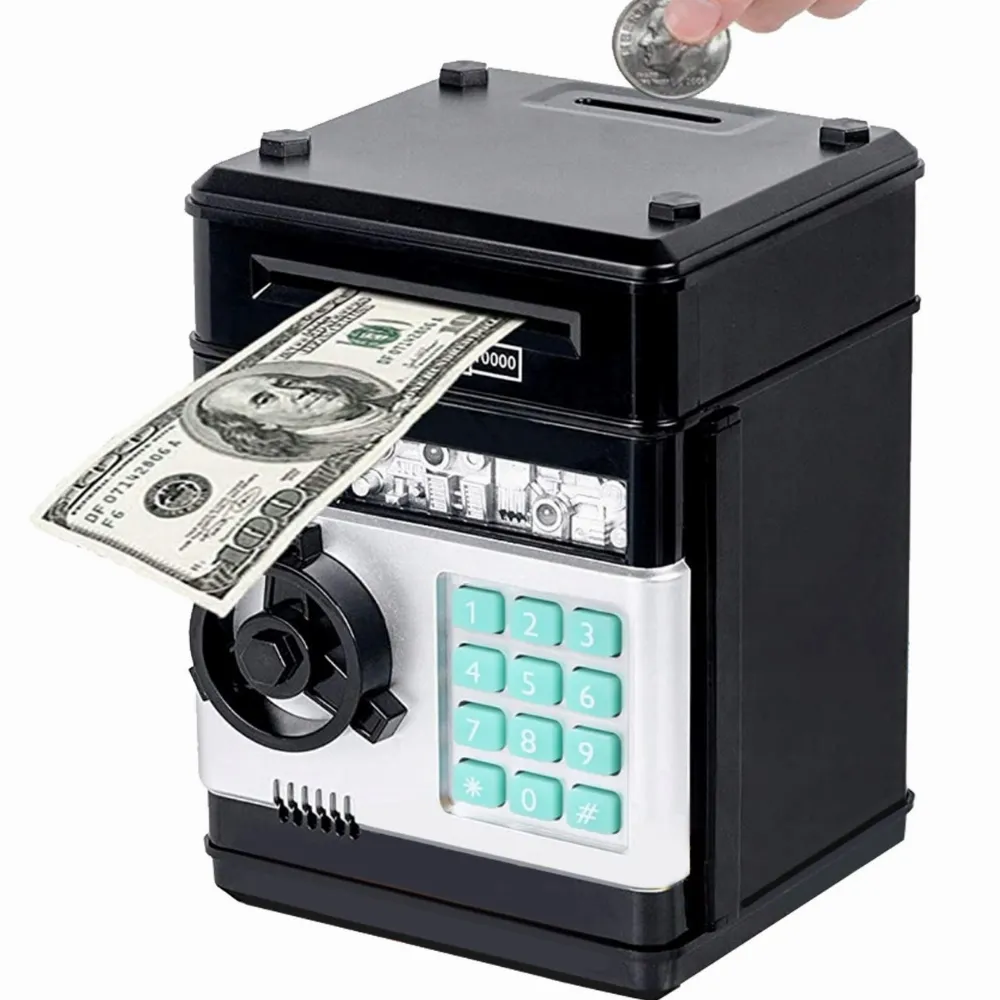 SKARBONKA SEJF BANKOMAT NA MONETY BANKNOTY + PIN KOD HASŁO ŚWIATŁO DŹWIĘK