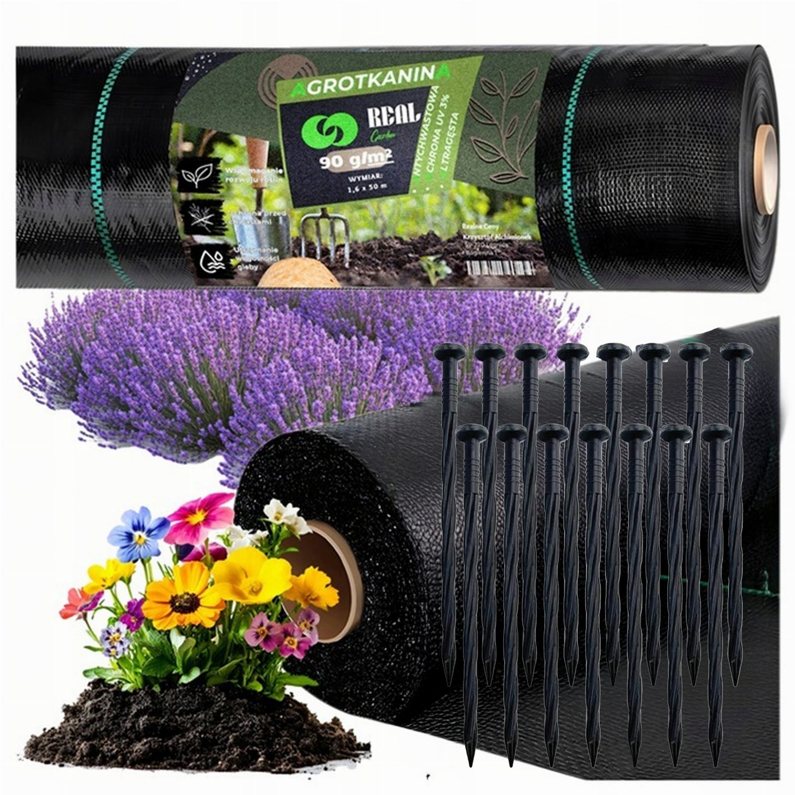 Agrowłóknina 90G 1,6x50m Czarna UV Agrotkanina Mata Antychwastowa + Kotwy