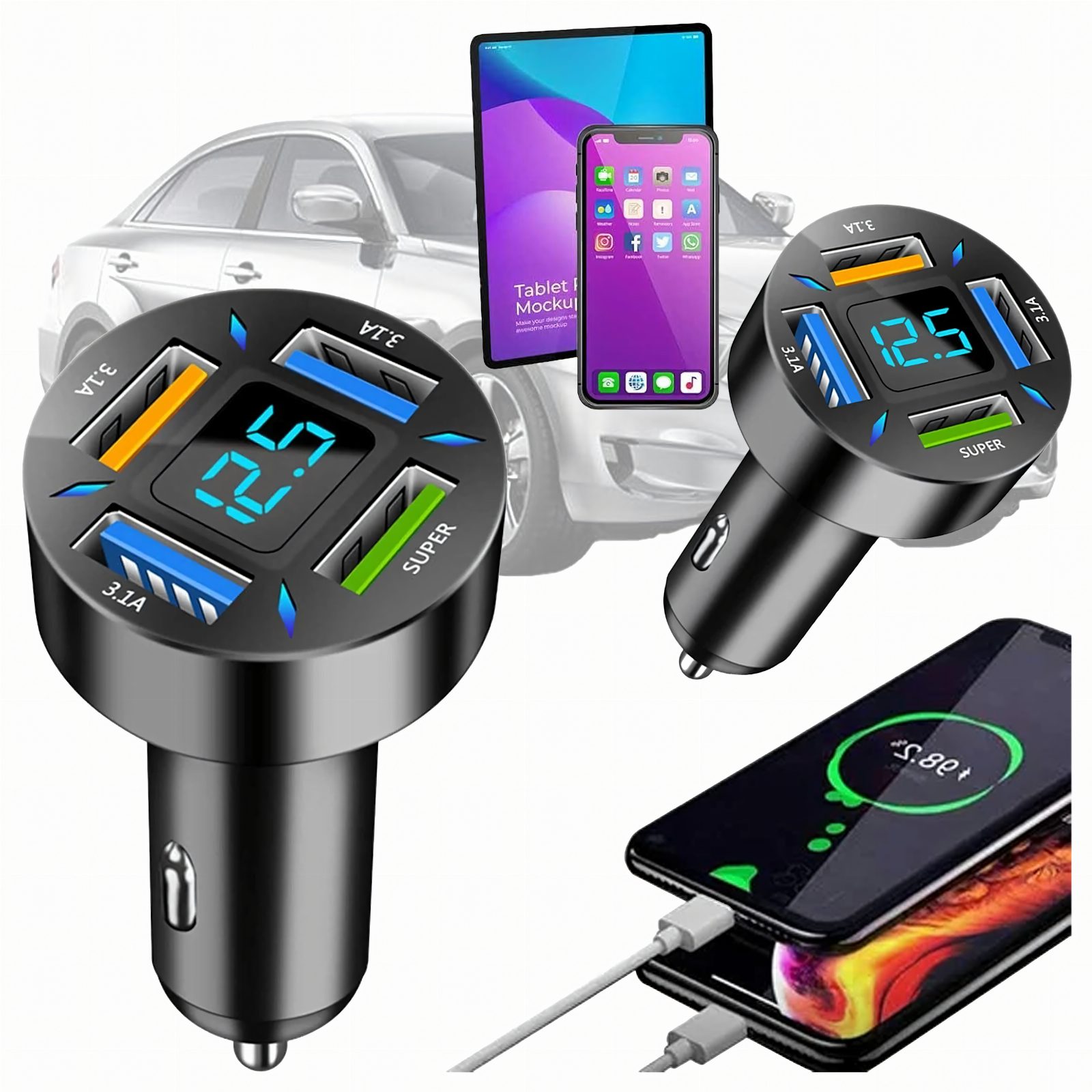 Szybka Mocna Ładowarka 3.1A Samochodowa Led LCD 4 x Usb 66W Quick Charge