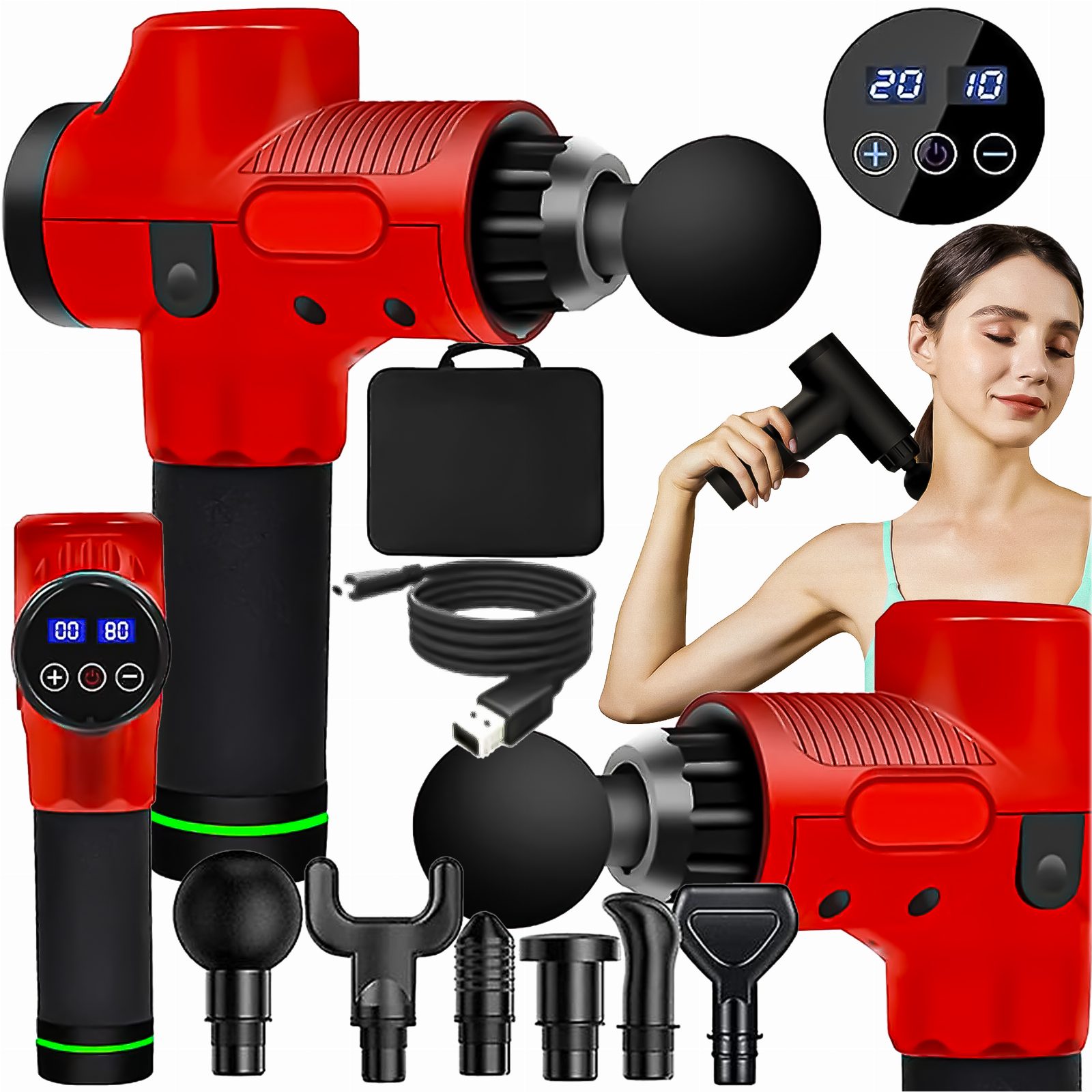 PISTOLET DO MASAŻU MASAŻER DO PLECÓW CIAŁA MASSAGE GUN KOŃCÓWKI LCD ZESTAW