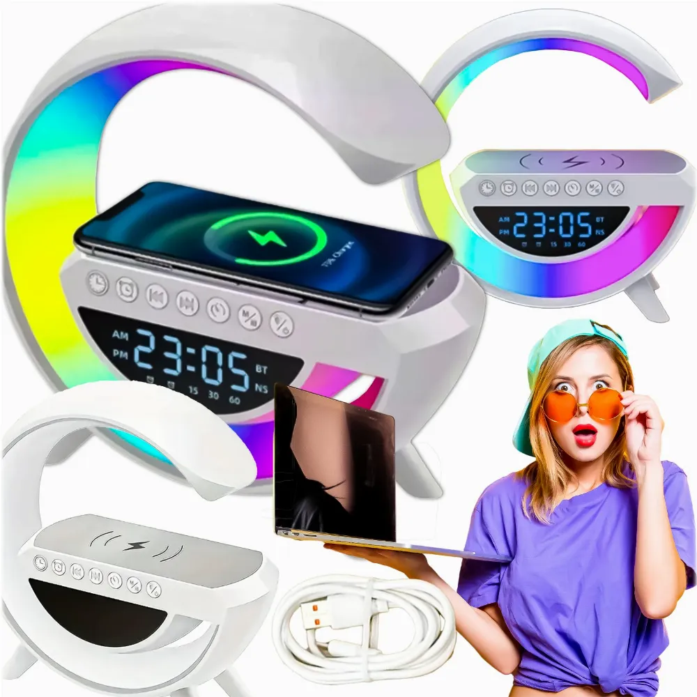 LAMPKA LED NOCNA PRZENOŚNA INDUKCJA GŁOŚNIK ZEGAR BUDZIK FM RGB 