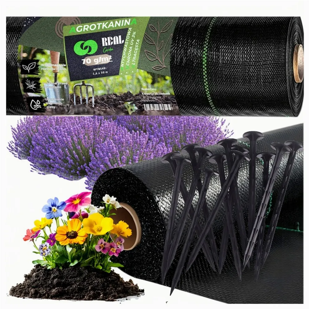 Agrowłóknina 70g 1,6 x 50m Czarna UV Agrotkanina Mata Antychwastowa + Kotwy