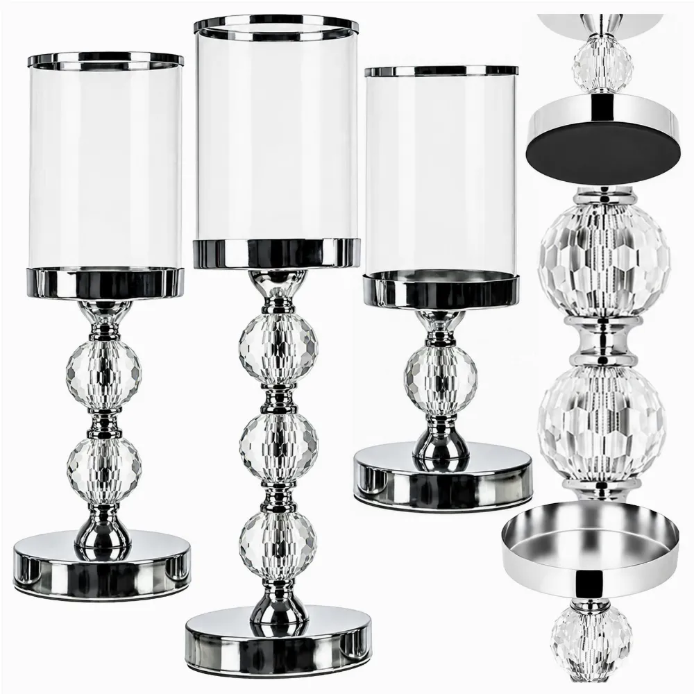 Świecznik Świeczniki Szklane Metalowe Srebrne Lampion Glamour Zestaw 3 szt