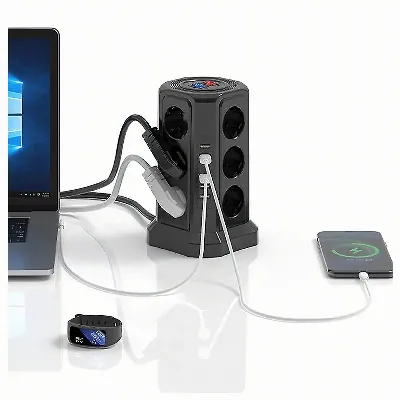 Listwa Zasilająca Stojąca Ochronna Odgromowa 12 Gniazd + 5 Portów Usb Reset