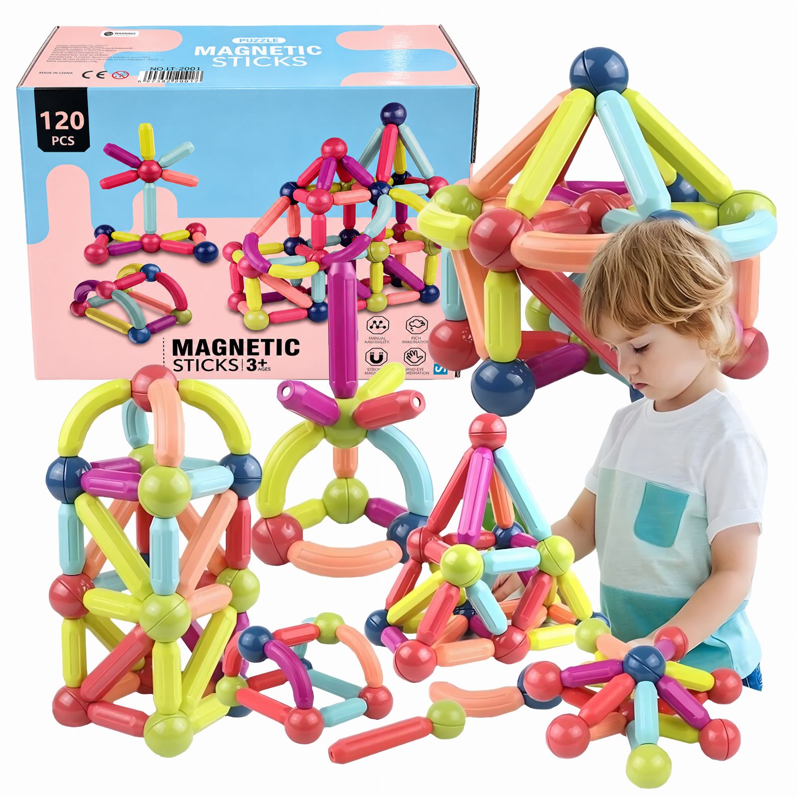 Duże Klocki Magnetyczne Edukacyjne Kreatywne Magnetic Sticks 120 Elementów 
