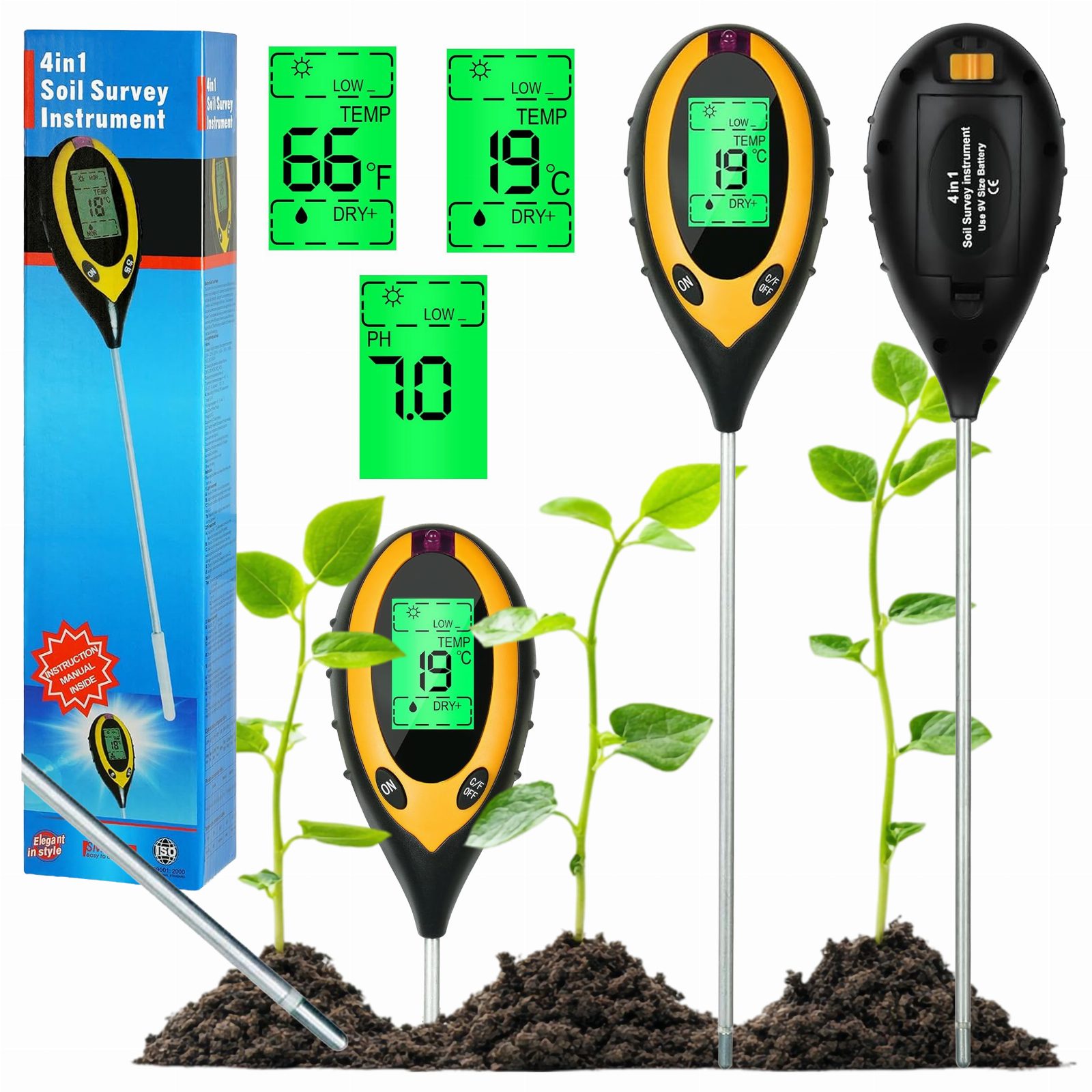 Kwasomierz Tester Gleby Ziemi Podłoża Ph Ziemi 4w1 Miernik Temperatura 