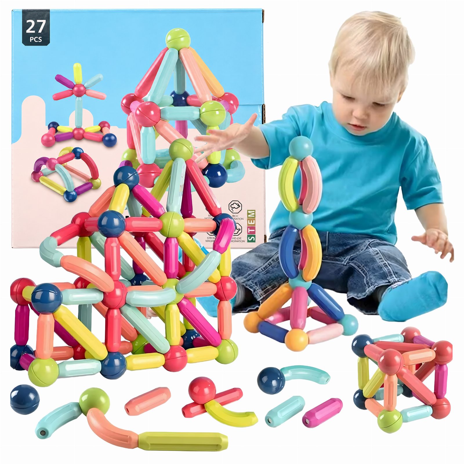 Klocki Magnetyczne Edukacyjne Kreatywne Magnetic Sticks 27 Elementów  