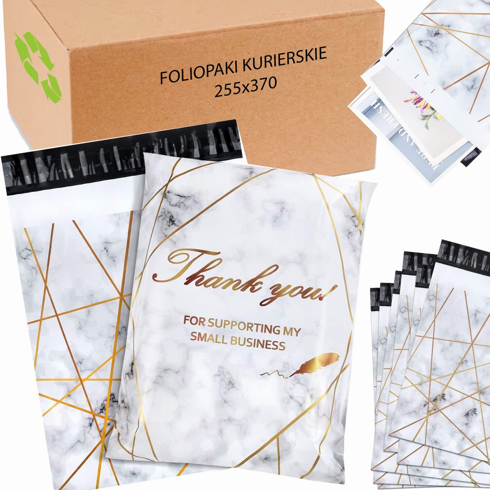 FOLIOPAKI KURIERSKIE MOCNE 255x370 ZŁOTY MARMUR THANK YOU 50szt