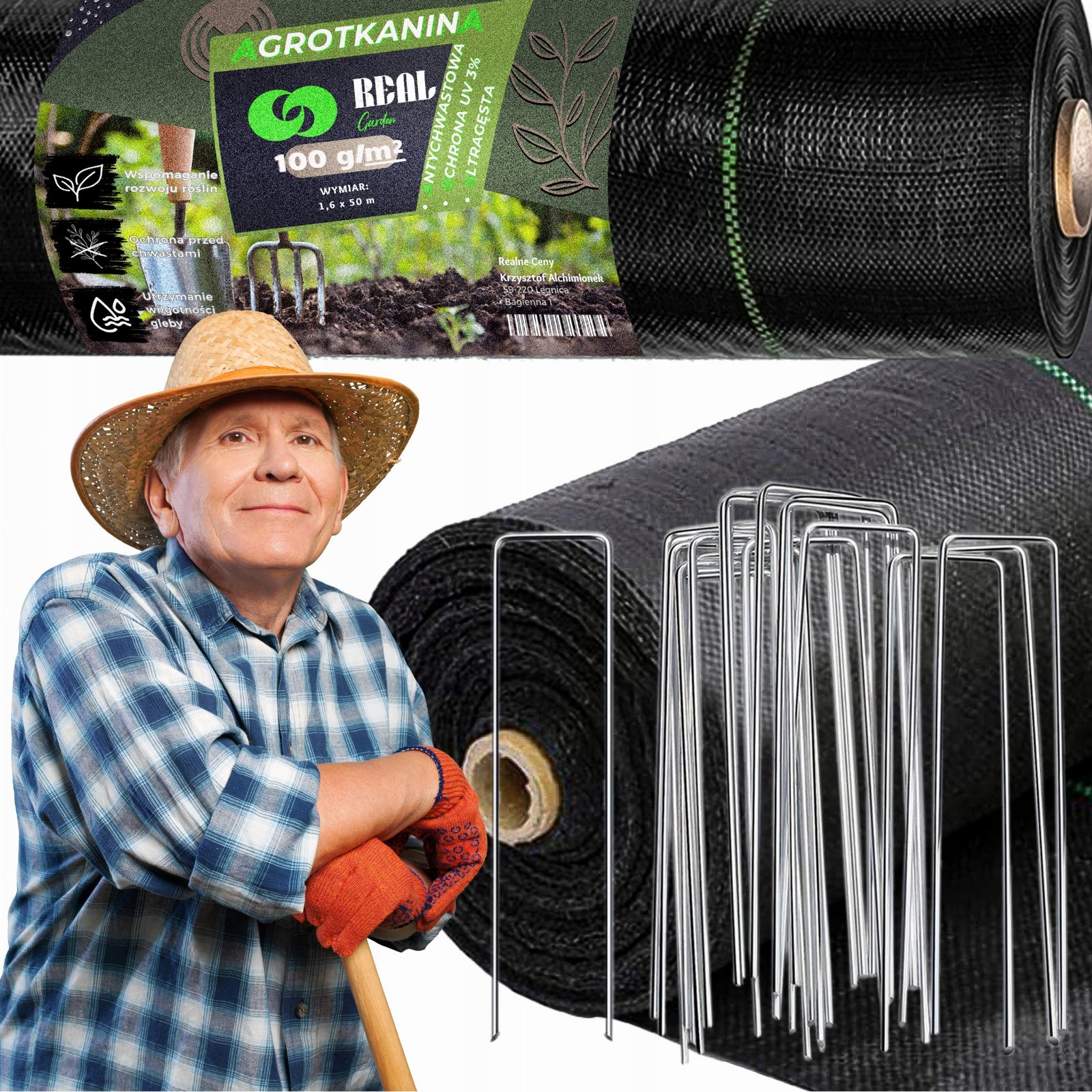 AGROWŁÓKNINA 100G 1,6x50m CZARNA UV AGROTKANINA MATA ANTYCHWASTOWA + KOTWY