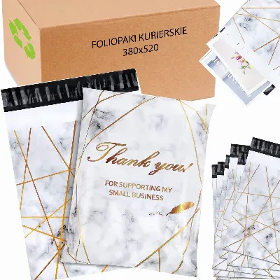 FOLIOPAKI KURIERSKIE MOCNE 380x520 ZŁOTY MARMUR THANK YOU 50szt