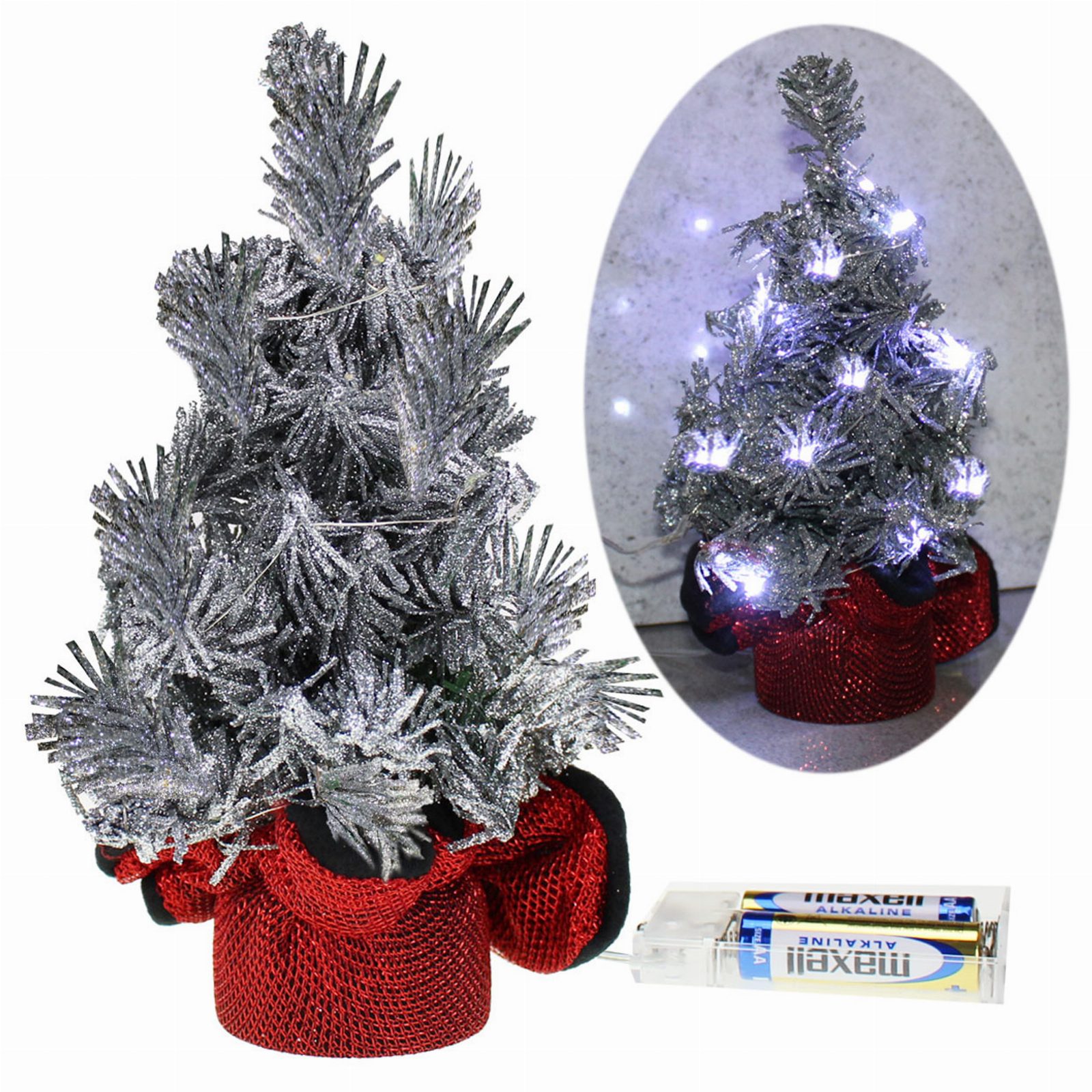 Choinka Świąteczna Ozdobna Lampki Led Sztuczna Ozdoba Srebrna 20 cm