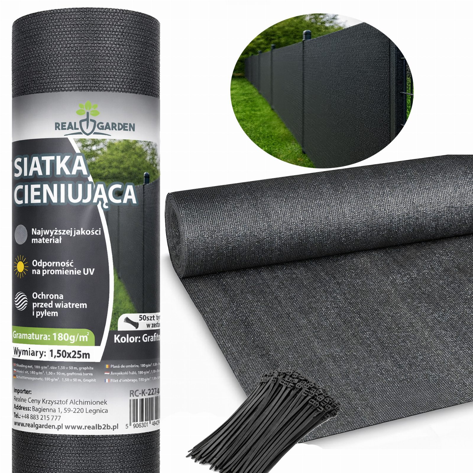 Siatka Cieniująca Maskująca 1,5x25m 180g 95% Osłona Mata na Ogrodzenie UV + 50 Opasek