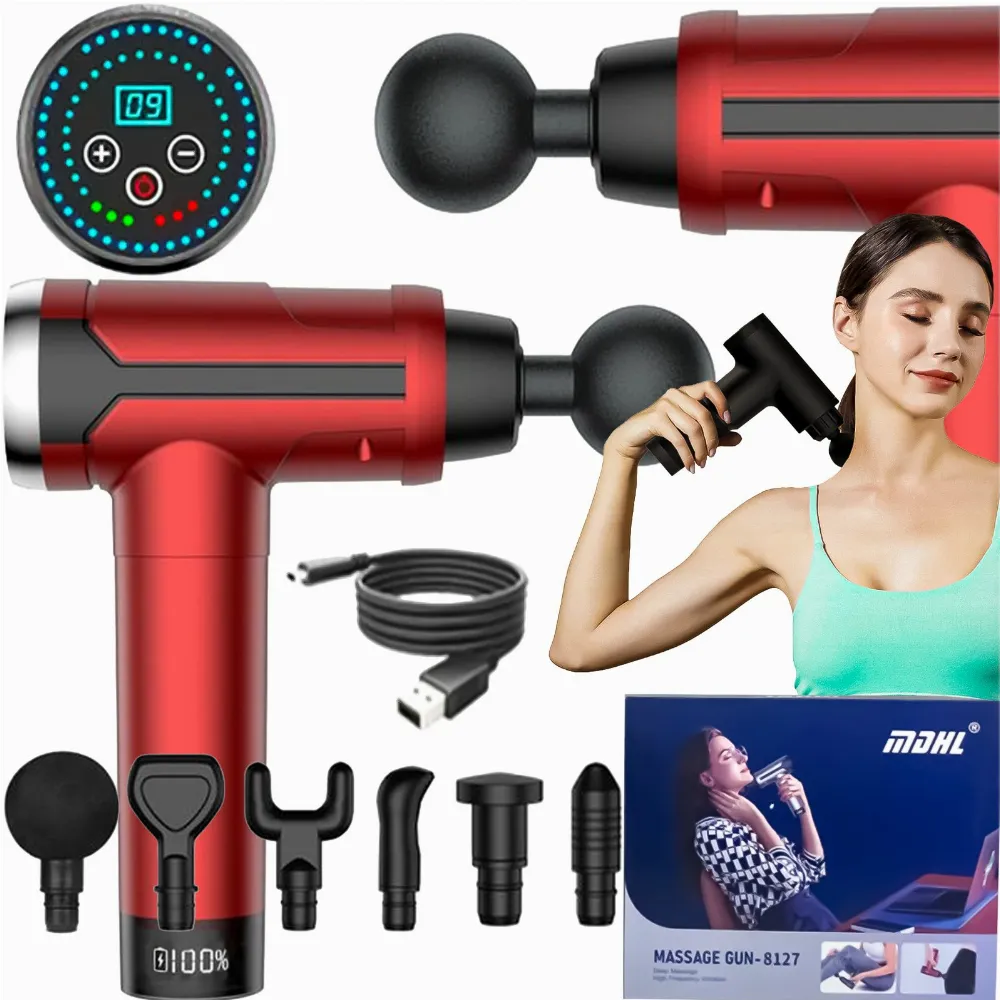 PISTOLET DO MASAŻU MASAŻER DO PLECÓW CIAŁA MASSAGE GUN KOŃCÓWKI  LCD ZESTAW