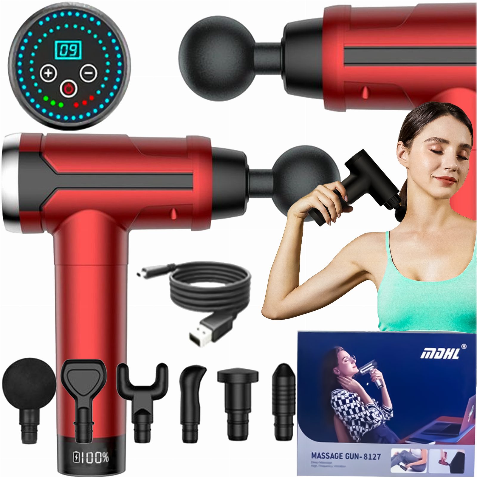 PISTOLET DO MASAŻU MASAŻER DO PLECÓW CIAŁA MASSAGE GUN KOŃCÓWKI  LCD ZESTAW